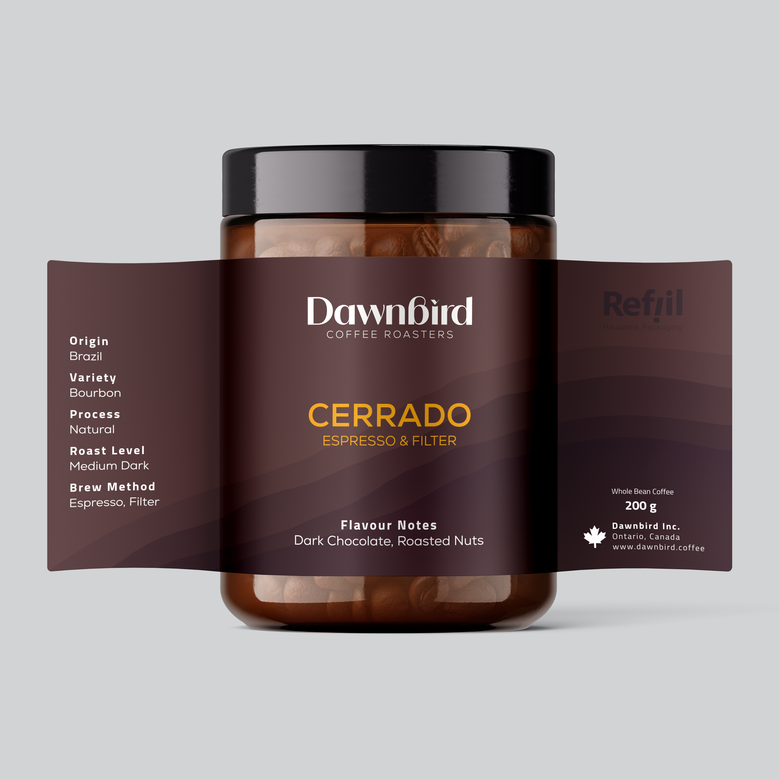 Jar of Dawnbird Coffee Roasters Cerrado coffee with label on a light gray background