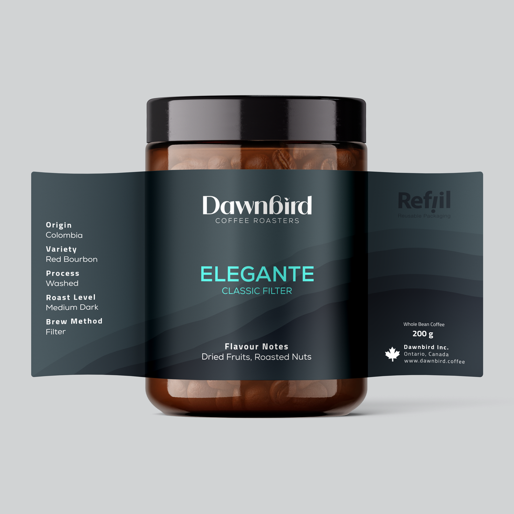 Jar of coffee with Dawnbird label on a gray background