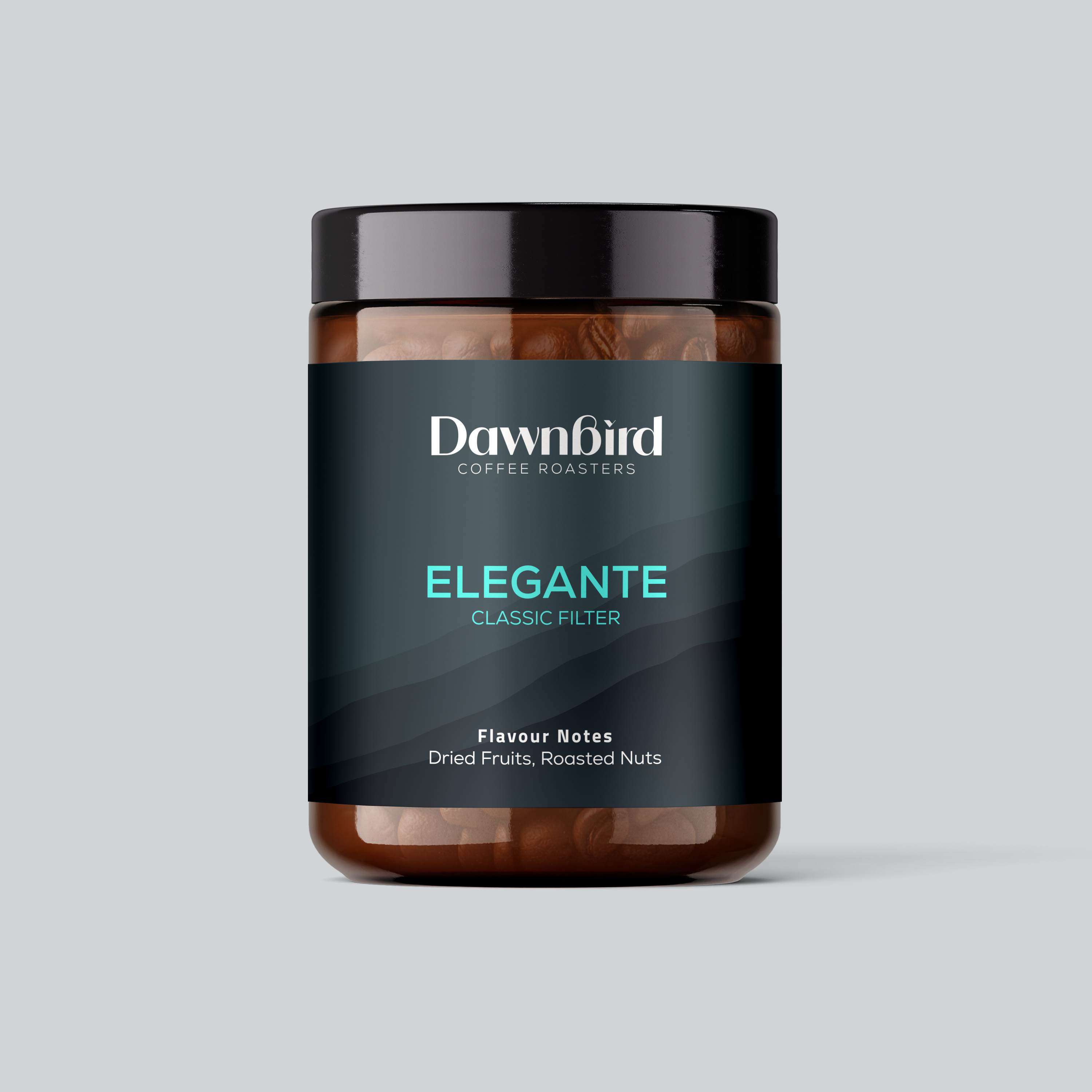 Jar of Dawnbird Coffee Roasters Elegante coffee on a gray background