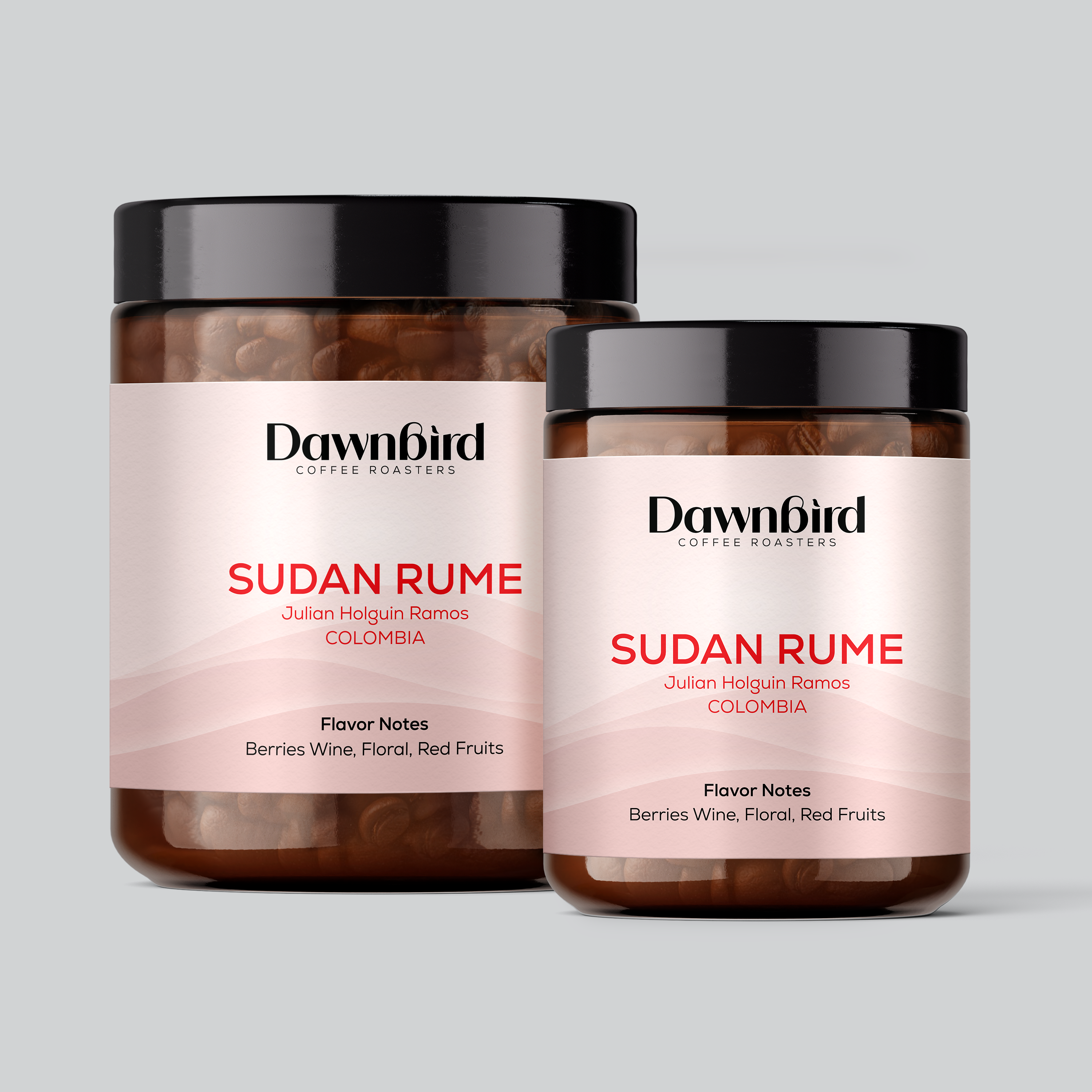 Two jars of Dawnbird Sudan Rume coffee on a light gray background